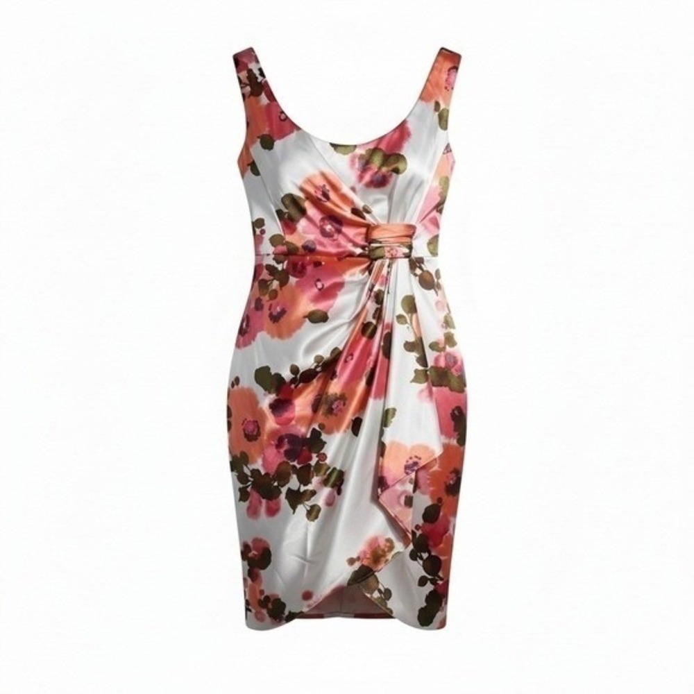 Maggy London Sheath Dress Womens 2 Pink Floral Cocktail Party Satin Ruched